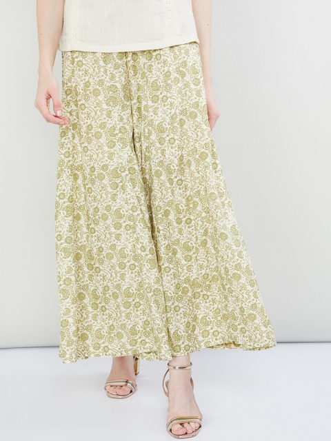 max Women Beige & White Floral Print Wide Leg Palazzos