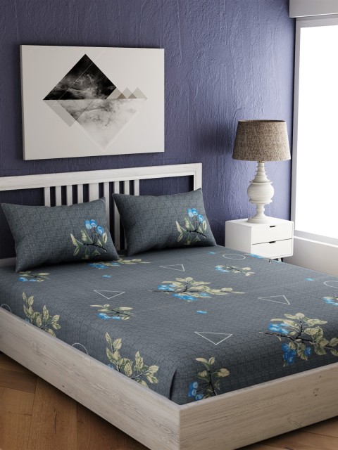 

EverHOME Grey Floral 210 TC Cotton 1 Queen Bedsheet with 2 Pillow Covers