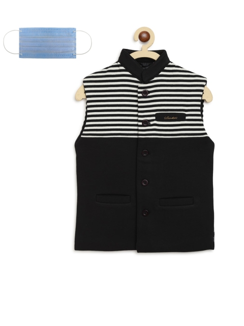 

Lil Tomatoes Boys Black & White Striped Nehru Jacket With Face Mask