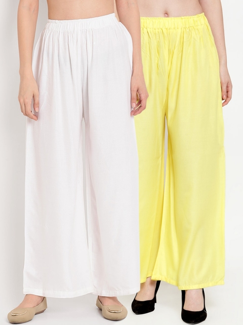 

TAG 7 Women Pack Of 2 Solid Flared Palazzos, Yellow