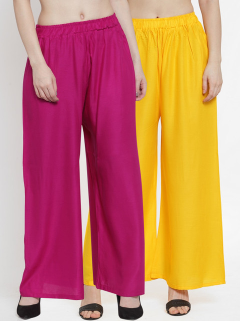 

TAG 7 Women Pack of 2 Yellow & Magenta Solid Flared Palazzos