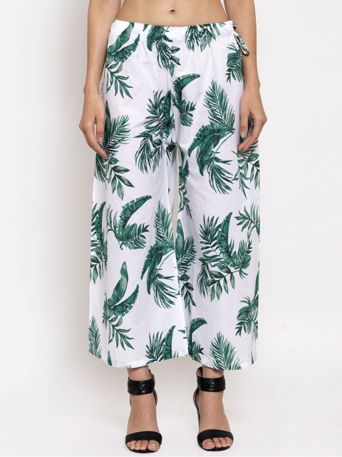 

TAG 7 Women White & Green Printed Straight Palazzos