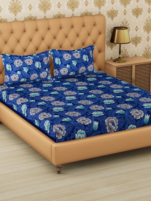 

METRO LIVING Blue & Grey Floral 120 TC Cotton 1 Queen Bedsheet with 2 Pillow Covers