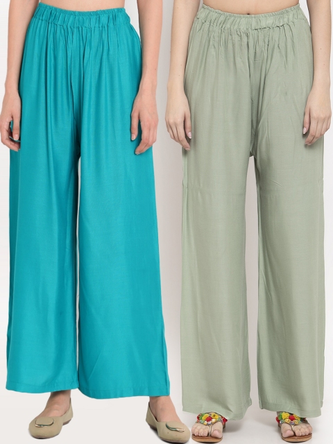 

TAG 7 Women Pack Of 2 Solid Straight Palazzos, Green