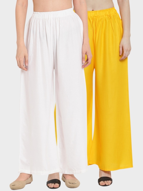 

TAG 7 Women Pack Of 2 Solid Flared Palazzos, Yellow