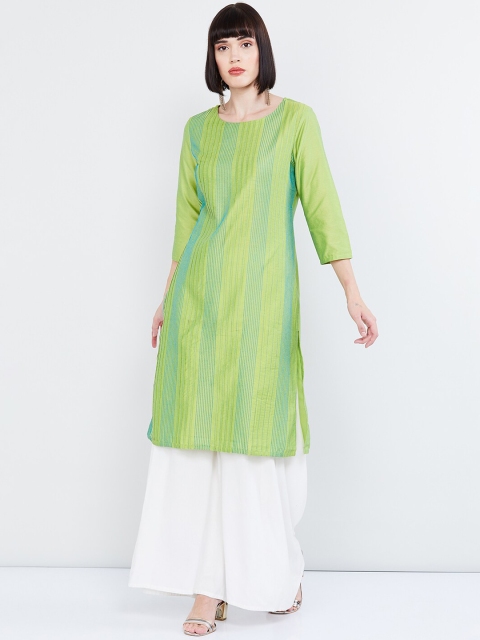 

max Women Lime Green Striped Straight Kurta