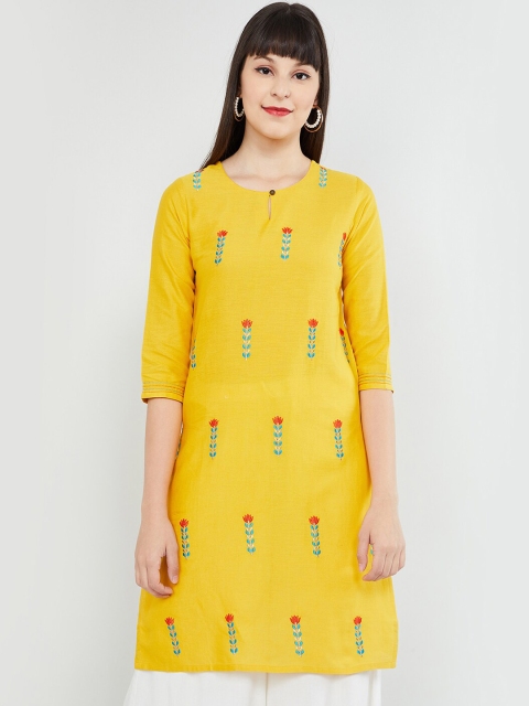 max Women Yellow Embroidered Straight Kurta