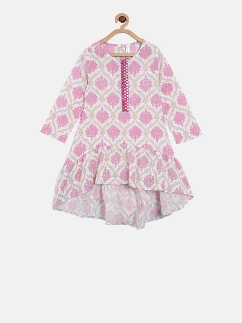 

KiddoPanti Girls White & Pink Printed A-Line Kurta