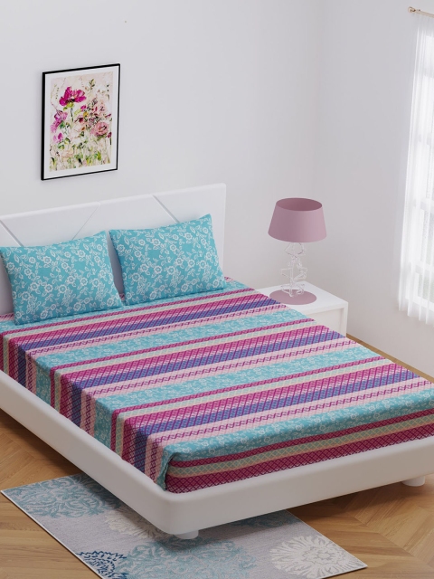 

BOMBAY DYEING Blue & Red Floral 144 TC Cotton 1 Queen Bedsheet with 2 Pillow Covers