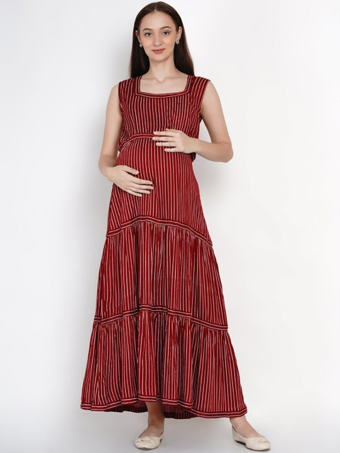 

Mine4Nine Women Maroon Striped Maternity Maxi Dress