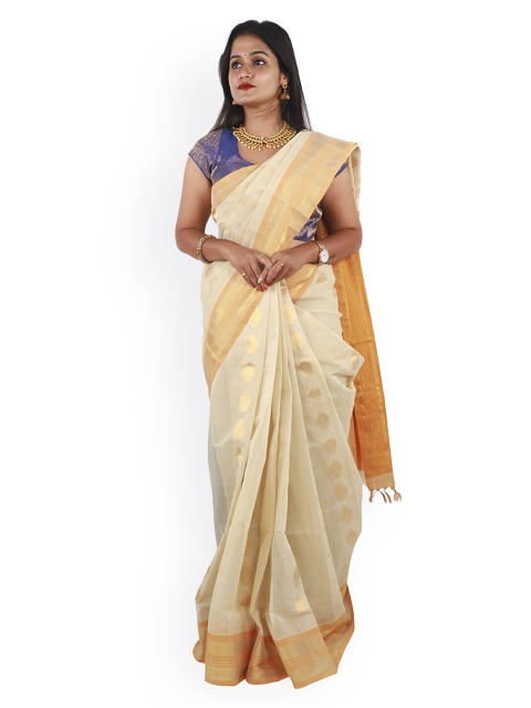 

APCO Cream-Coloured & Gold-Toned Silk Cotton Woven Design Saree