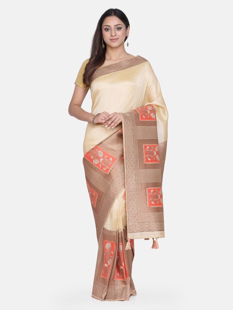

BOMBAY SELECTIONS Orange & Cream-Coloured Printed Dharmavaram Saree