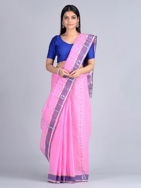 

Mitera Pink & Blue Pure Cotton Woven Design Handloom Taant Saree