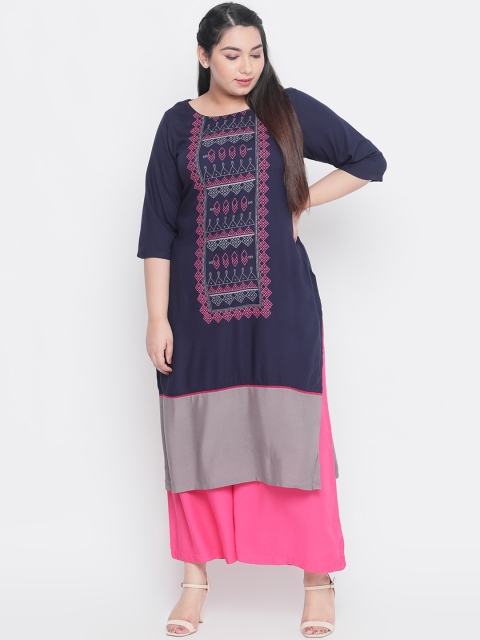 

Amydus Women Navy Blue & Pink Printed Straight Kurta