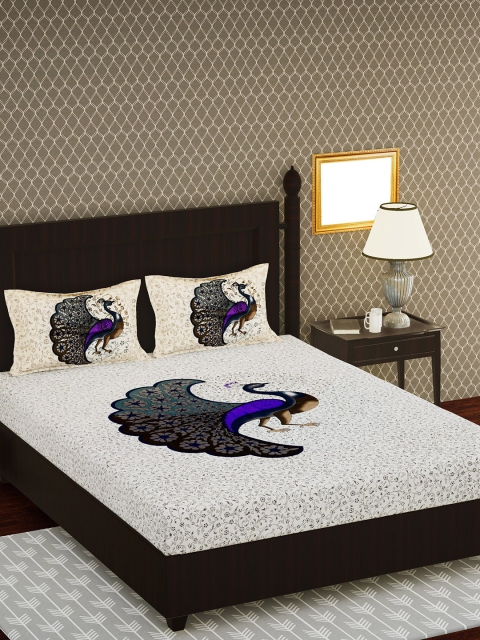 

METRO LIVING Off-White & Purple Ethnic Motifs 104 TC Cotton 1 Queen Bedsheet with 2 Pillow Covers
