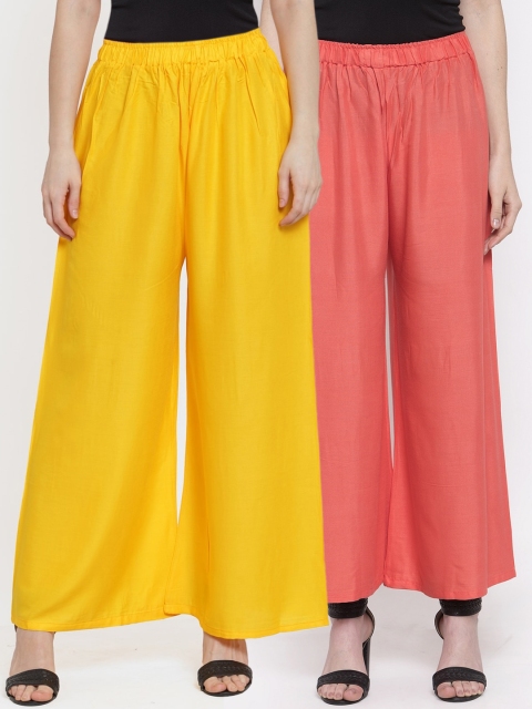 

TAG 7 Women Pack of 2 Solid Flared Palazzos, Yellow