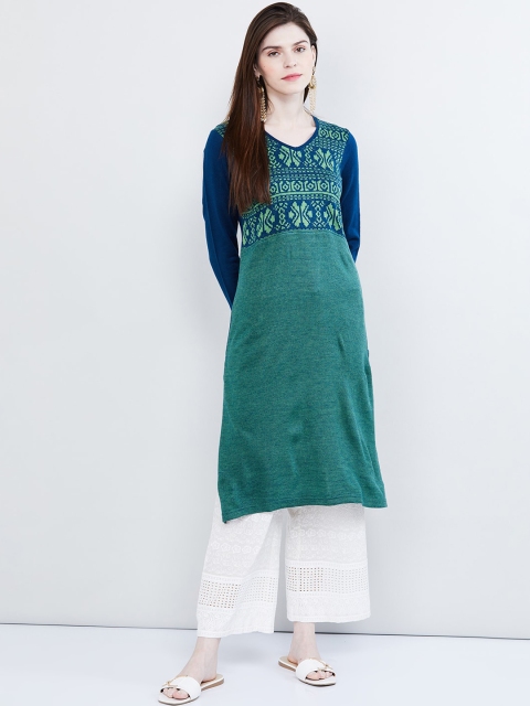 

max Women Green & Blue Woven Design Straight Winter Kurta