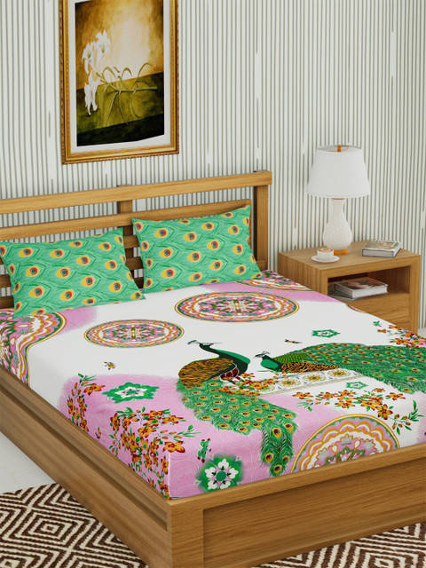

METRO LIVING Pink & Green Floral 144 TC Cotton 1 King Bedsheet with 2 Pillow Covers