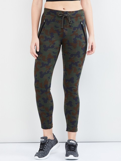 

max Women Olive Green & Brown Camouflage Printed Slim-Fit Track Pants