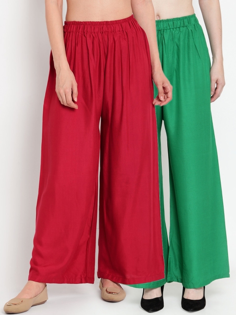 

TAG 7 Women Pack Of 2 Solid Flared Palazzos, Green