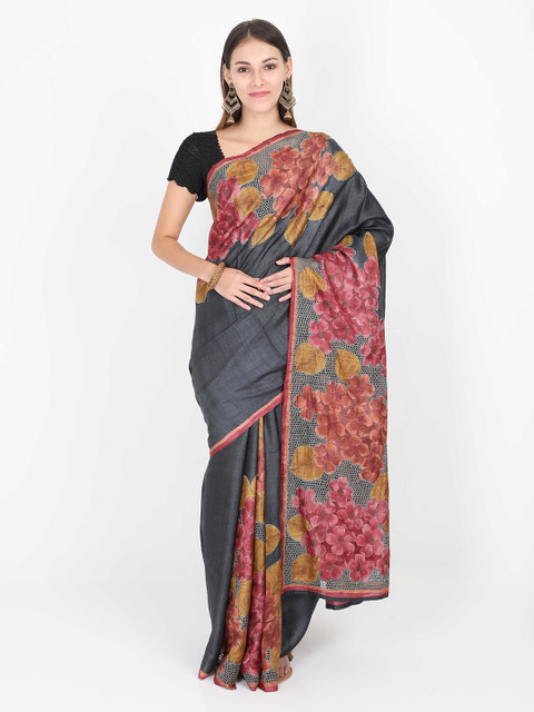 

SABOO COLLECTIONS Grey Pure Silk Printed Tussar Saree