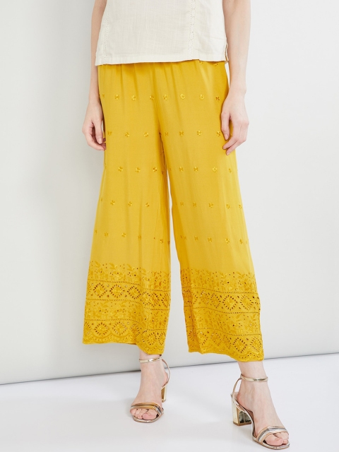 

max Women Yellow Embroidered Flared Palazzos