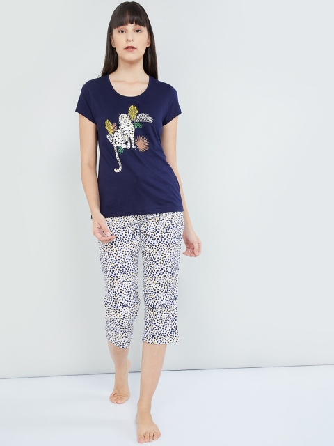 

max Women Navy Blue & White Printed Night suit
