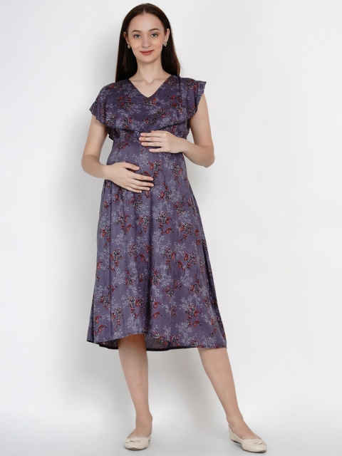 

Mine4Nine Women Grey & Red Maternity Floral Print Fit and Flare Dress