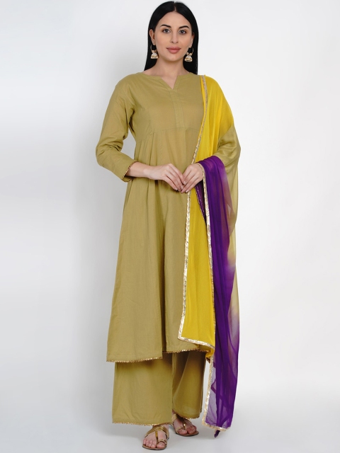 

FABNEST Women Olive Green & Yellow Solid Kurta with Palazzos & Dupatta