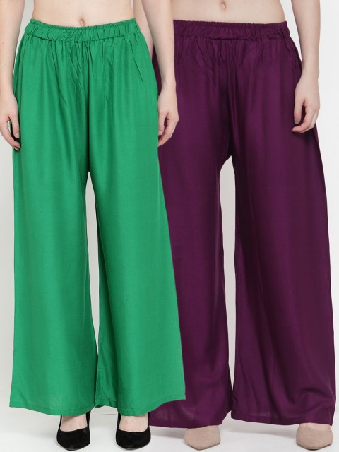 

TAG 7 Women Pack Of 2 Green & Purple Solid Flared Palazzos