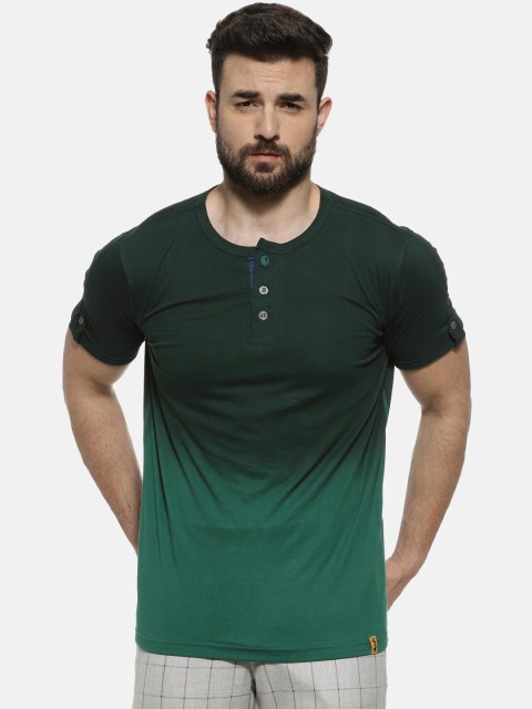 

Campus Sutra Men Green & Black Dyed Henley -Neck T-shirt