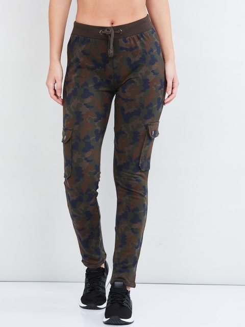 

max Women Olive Green & Blue Camouflage Print Slim-Fit Track Pants