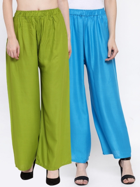 

TAG 7 Women Pack Of 2 Solid Flared Palazzos, Green