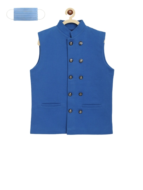 

Lil Tomatoes Boys Blue Solid Nehru Jacket with 3-Ply Mask
