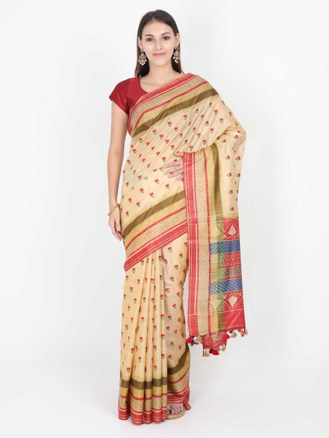 

SABOO COLLECTIONS Beige & Red Pure Silk Printed Tussar Saree