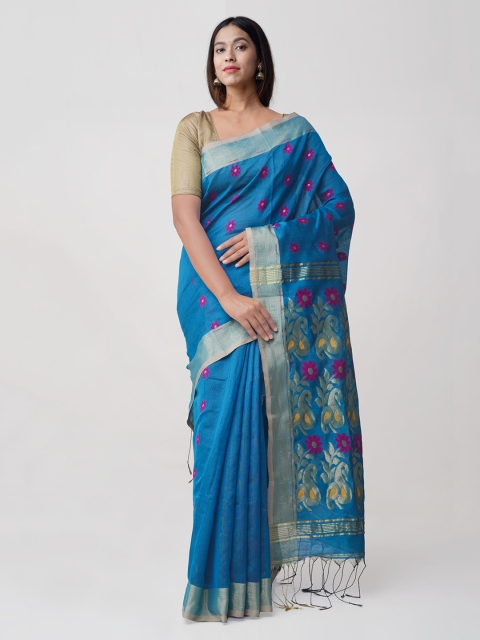 

Unnati Silks Blue Pure Linen Handloom Woven Design Jamdani Saree