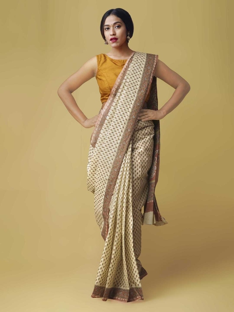

Unnati Silks Cream-Coloured & Orange Pure Cotton Printed Saree