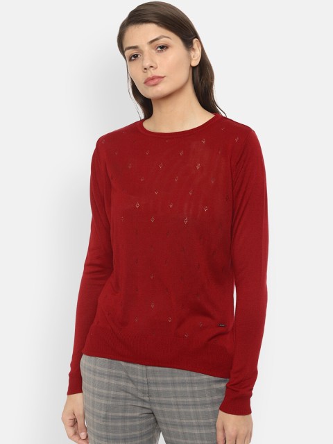 

Van Heusen Woman Maroon Self Design Sweatshirt