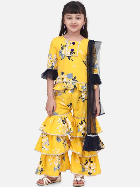 

Cutiekins Girls Yellow & Black Printed Kurti with Sharara & Dupatta