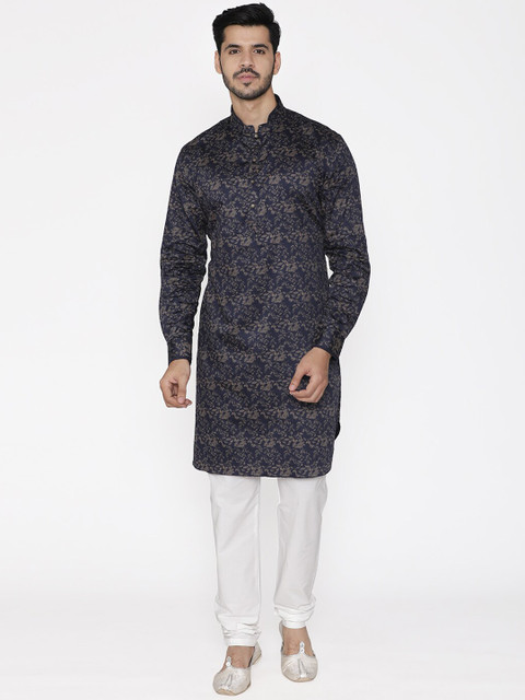 

Manyavar Men Navy Blue Printed Straight Kurta
