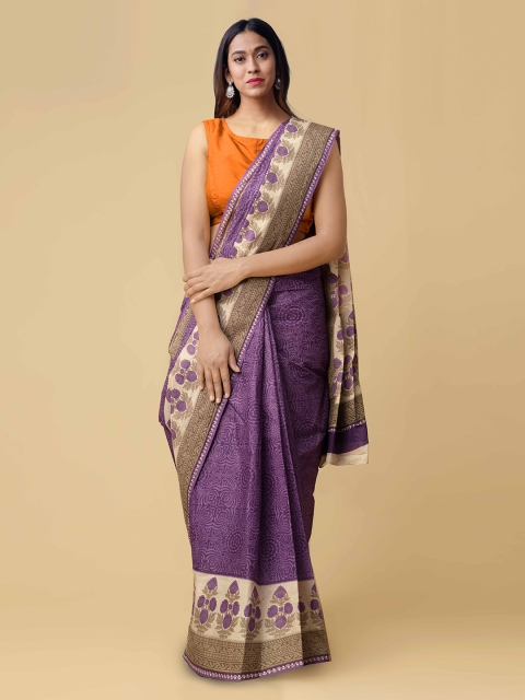 

Unnati Silks Purple Printed Handloom Pure Cotton Saree