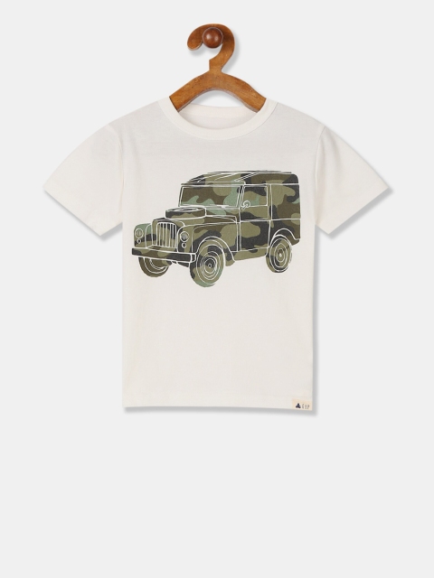 

GAP Boys Off-White & Olive Green Graphic Print Round Neck T-shirt