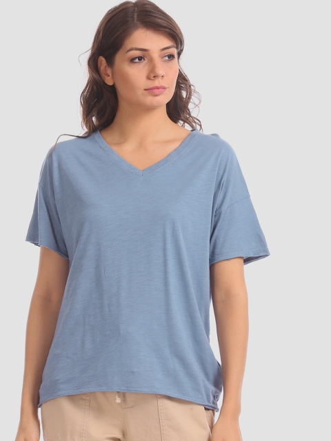 

GAP Women Blue Short Sleeve Slub Jersey V-Neck T-Shirt