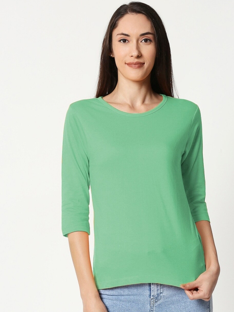 

Bewakoof Women Green Solid Round Neck T-shirt