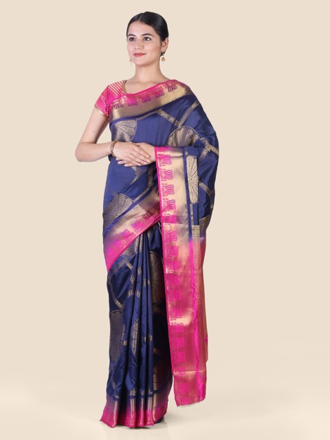 

CLAI WORLD Navy Blue & Pink Silk Blend Woven Design Mysore Silk Saree