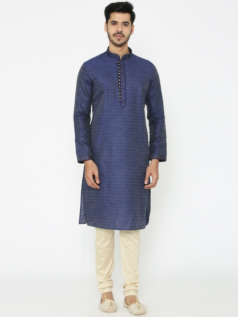 Manyavar Men Blue Woven Design Straight Kurta