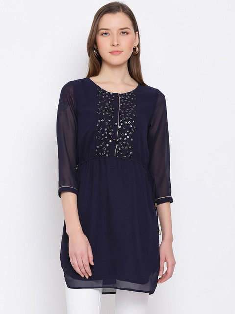 

ALL WAYS YOU Women Navy Blue Embellished Fit and Flare Dress