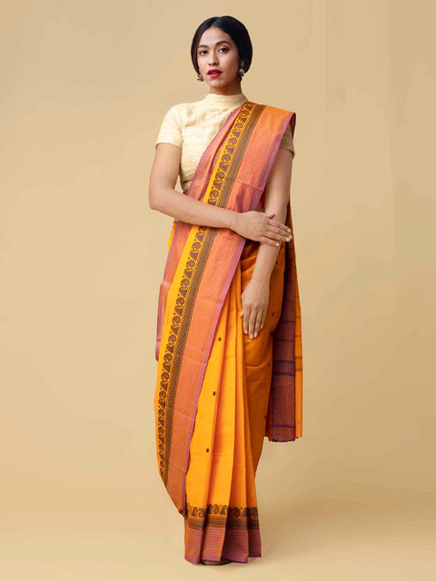 

Unnati Silks Yellow Pure Cotton Handloom Woven Design Kanjeevaram Saree