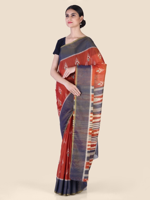 

CLAI WORLD Brown & Navy Blue Silk Blend Woven Design Ikat Saree