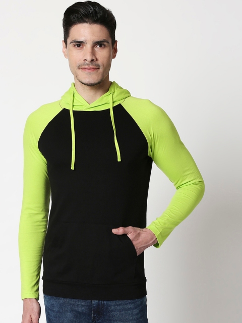 

Bewakoof Men Black & Fluorescent Green Colourblocked Hood T-shirt